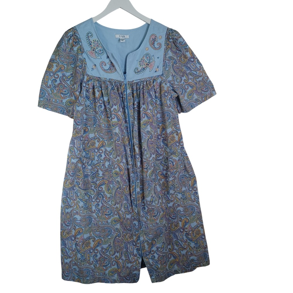 Go Softly Patio Dress Womens Blue Paisley Embroidered Zip Front Housecoat Dress